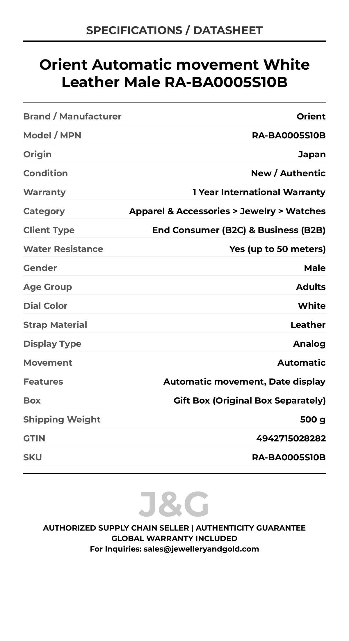 Orient Automatic movement White Leather Male RA-BA0005S10B - Specifications