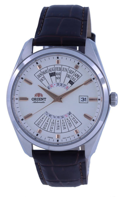 Orient Automatic movement White Leather Male RA-BA0005S10B. A brand-new Orient watch featuring a White dial and a Leather strap. Angled view.