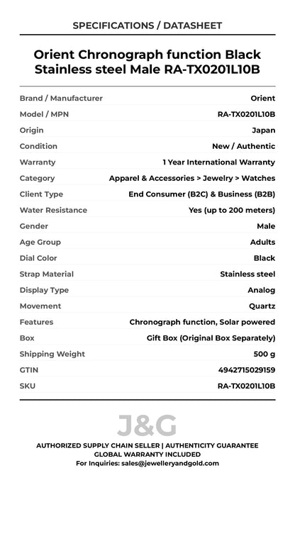 Orient Chronograph function Black Stainless steel Male RA-TX0201L10B - Specifications