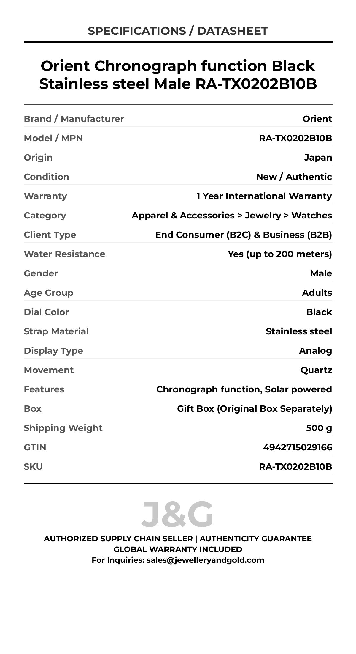 Orient Chronograph function Black Stainless steel Male RA-TX0202B10B - Specifications