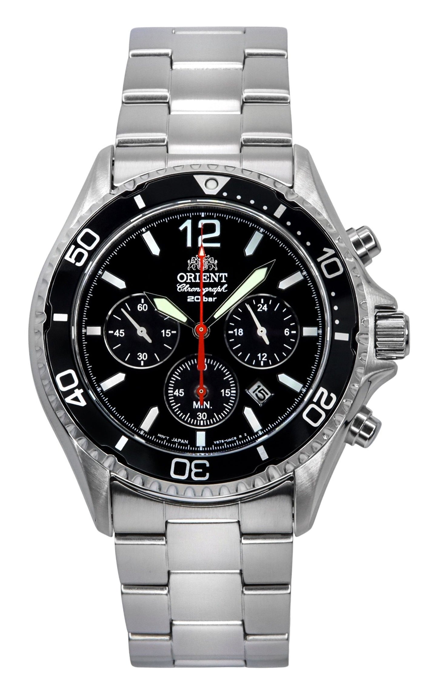 Orient Chronograph function Black Stainless steel Male RA-TX0202B10B. A brand-new Orient watch featuring a Black dial and a Stainless steel strap. Angled view.