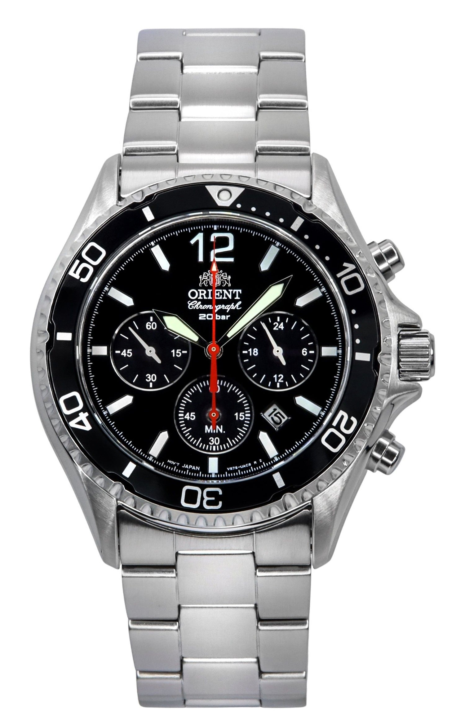 Orient Chronograph function Black Stainless steel Male RA-TX0202B10B. A brand-new Orient watch featuring a Black dial and a Stainless steel strap. Angled view.