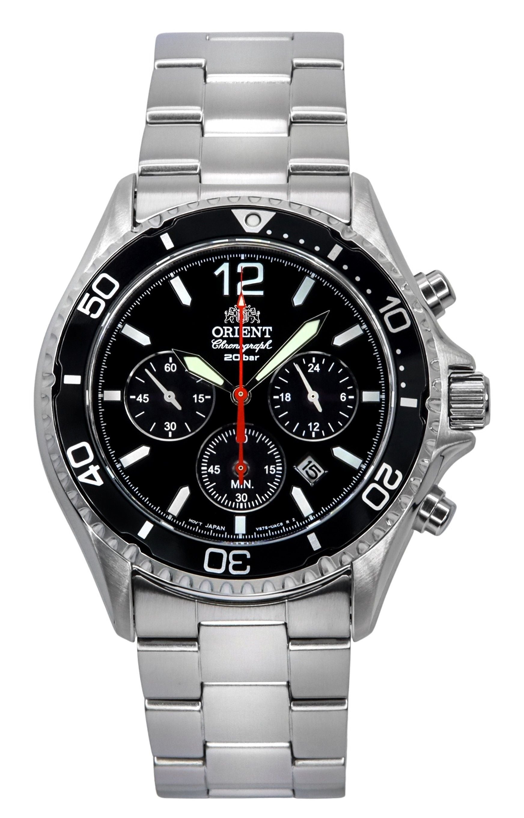 Orient Chronograph function Black Stainless steel Male RA-TX0202B10B. A brand-new Orient watch featuring a Black dial and a Stainless steel strap. Angled view.