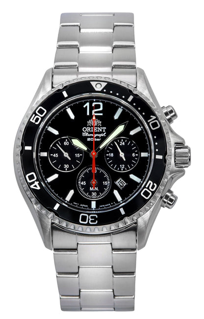 Orient Chronograph function Black Stainless steel Male RA-TX0202B10B. A brand-new Orient watch featuring a Black dial and a Stainless steel strap. Angled view.