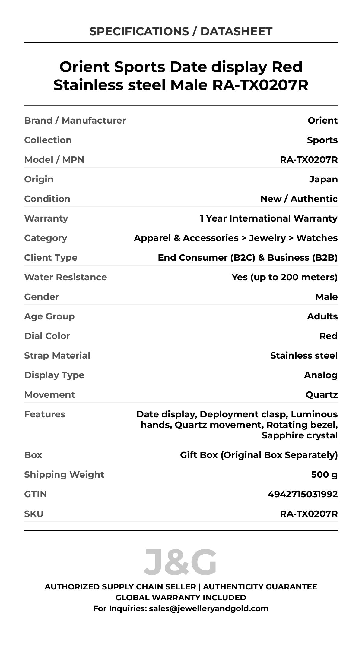 Orient Sports Date display Red Stainless steel Male RA-TX0207R - Specifications