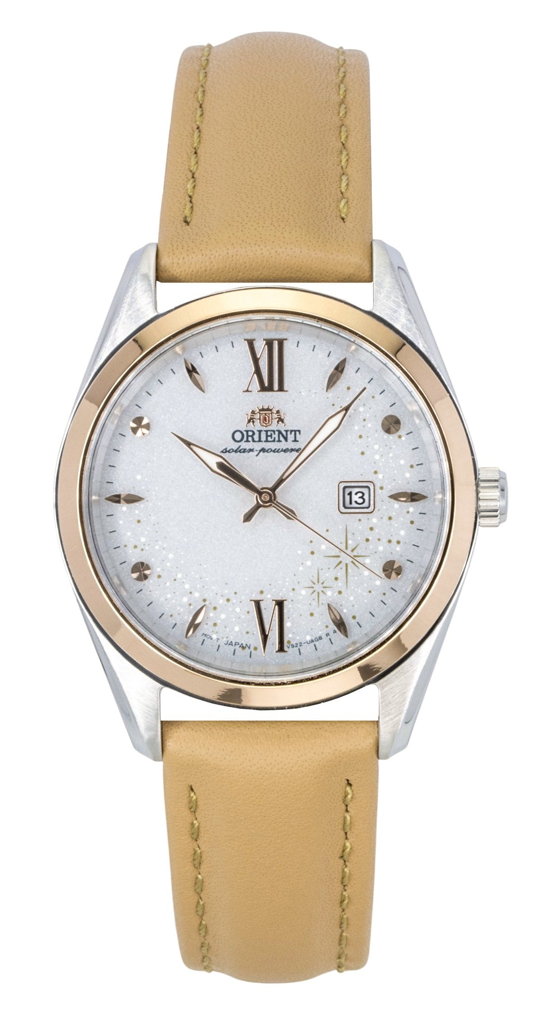 Orient Solar powered White Leather Male RA-WG0604S. A brand-new Orient watch featuring a White dial and a Leather strap. Front view.