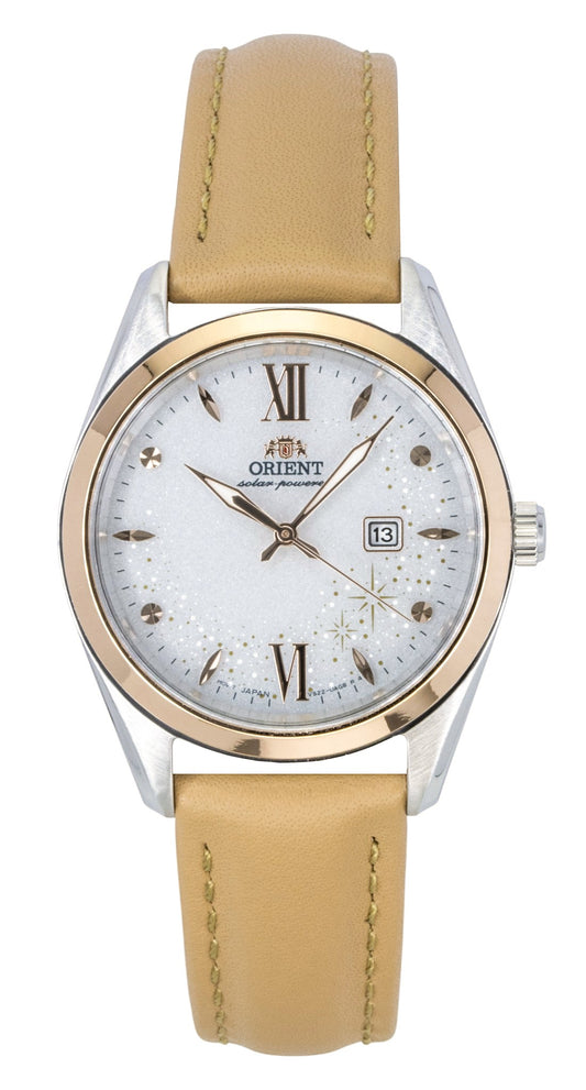 Orient Solar powered White Leather Male RA-WG0604S. A brand-new Orient watch featuring a White dial and a Leather strap. Front view.