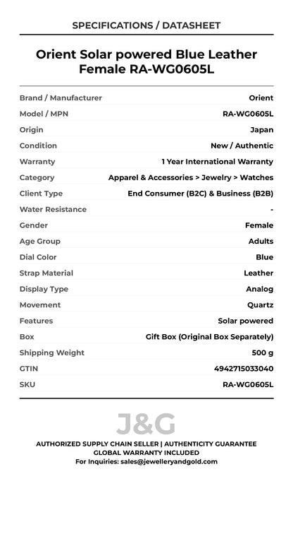 Orient Solar powered Blue Leather Female RA-WG0605L - Specifications