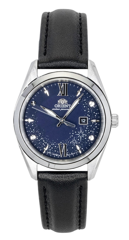 Orient Solar powered Blue Leather Female RA-WG0605L. A brand-new Orient watch featuring a Blue dial and a Leather strap. Side view.