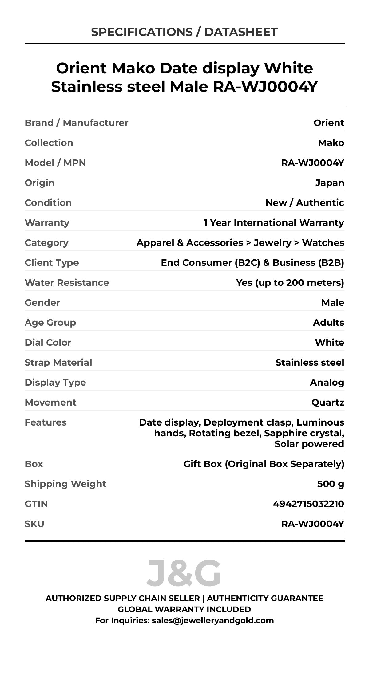 Orient Mako Date display White Stainless steel Male RA-WJ0004Y - Specifications