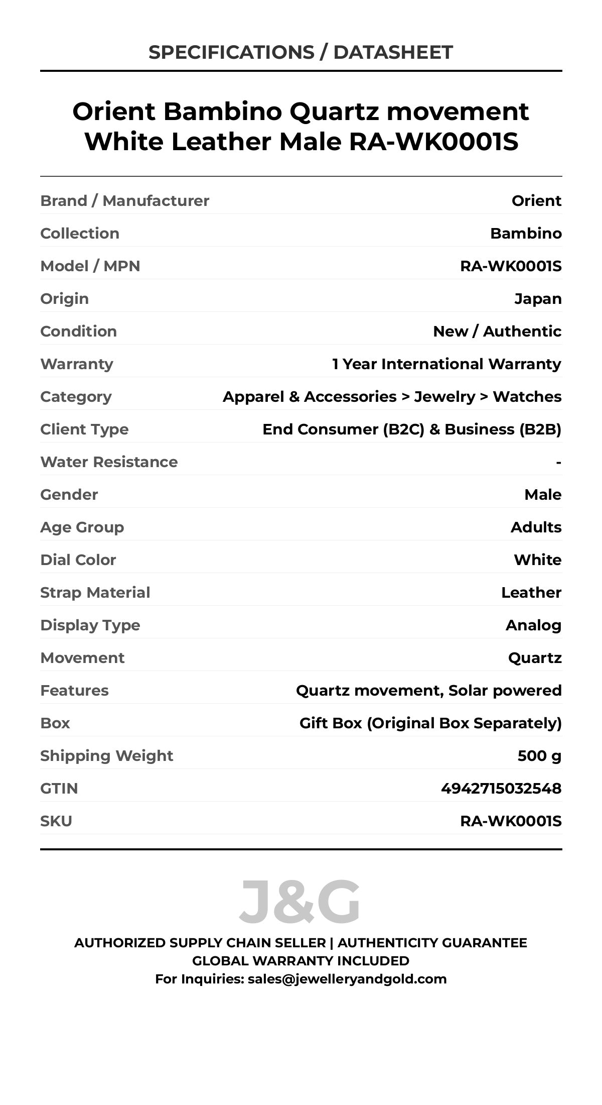 Orient Bambino Quartz movement White Leather Male RA-WK0001S - Specifications