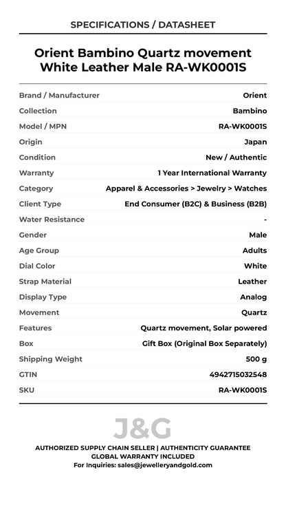 Orient Bambino Quartz movement White Leather Male RA-WK0001S - Specifications