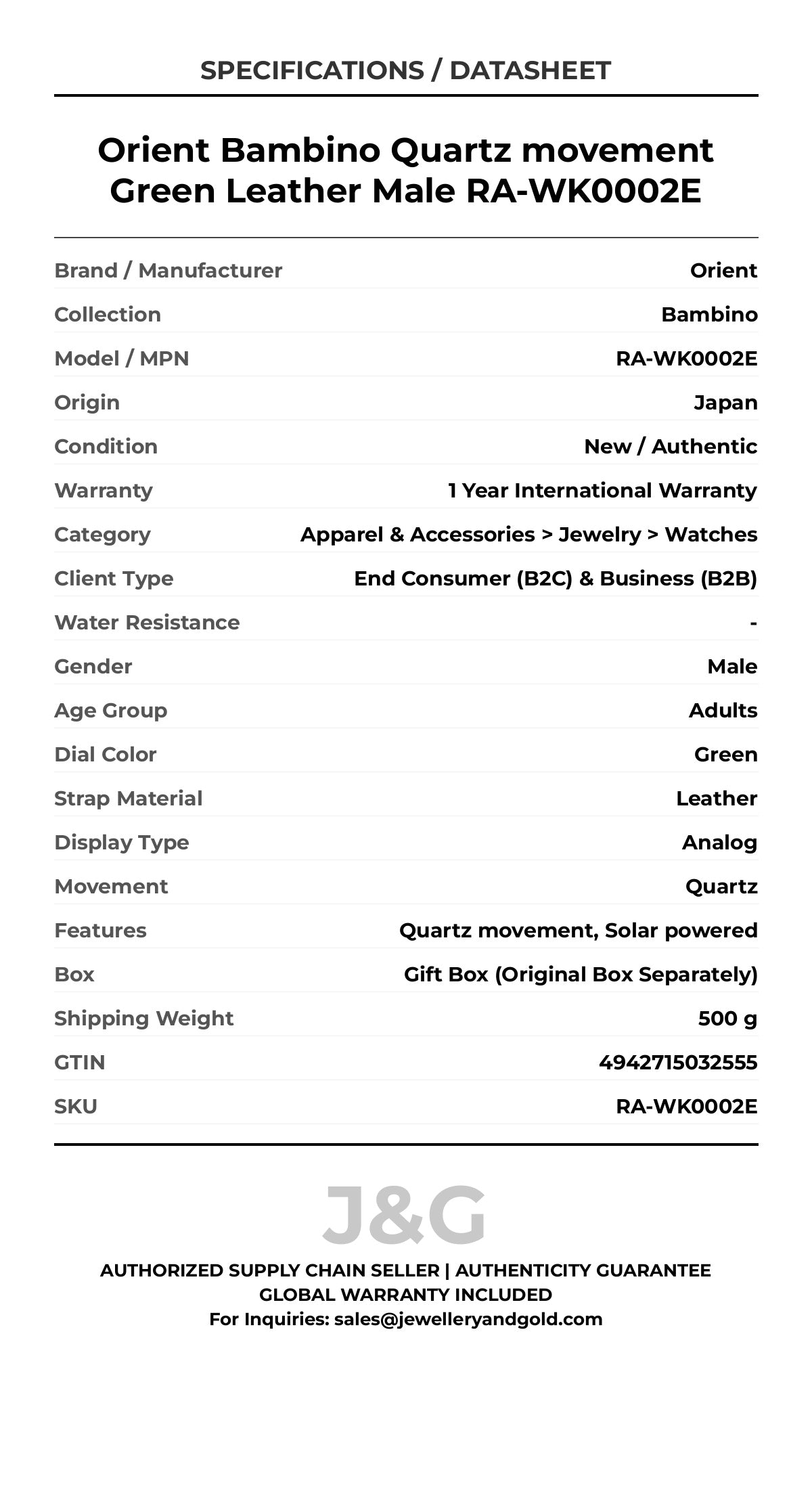 Orient Bambino Quartz movement Green Leather Male RA-WK0002E - Specifications