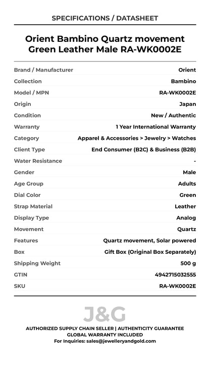 Orient Bambino Quartz movement Green Leather Male RA-WK0002E - Specifications