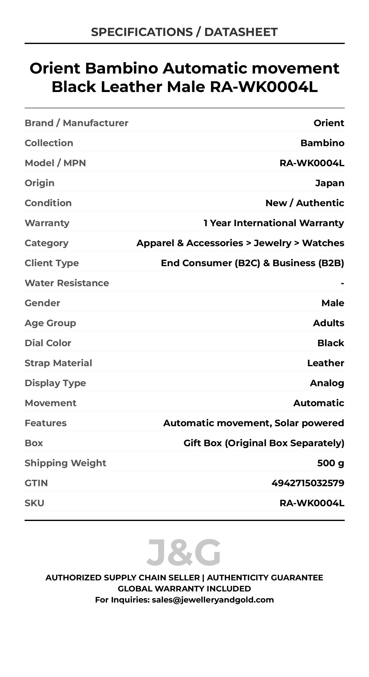 Orient Bambino Automatic movement Black Leather Male RA-WK0004L - Specifications