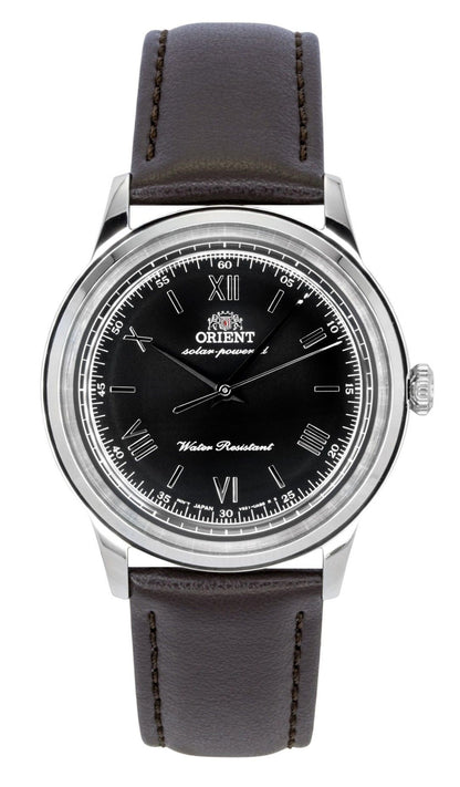 Orient Bambino Automatic movement Black Leather Male RA-WK0004L. A brand-new Orient Bambino watch featuring a Black dial and a Leather strap. Front view.