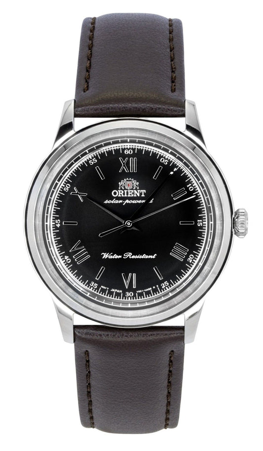 Orient Bambino Automatic movement Black Leather Male RA-WK0004L. A brand-new Orient Bambino watch featuring a Black dial and a Leather strap. Front view.