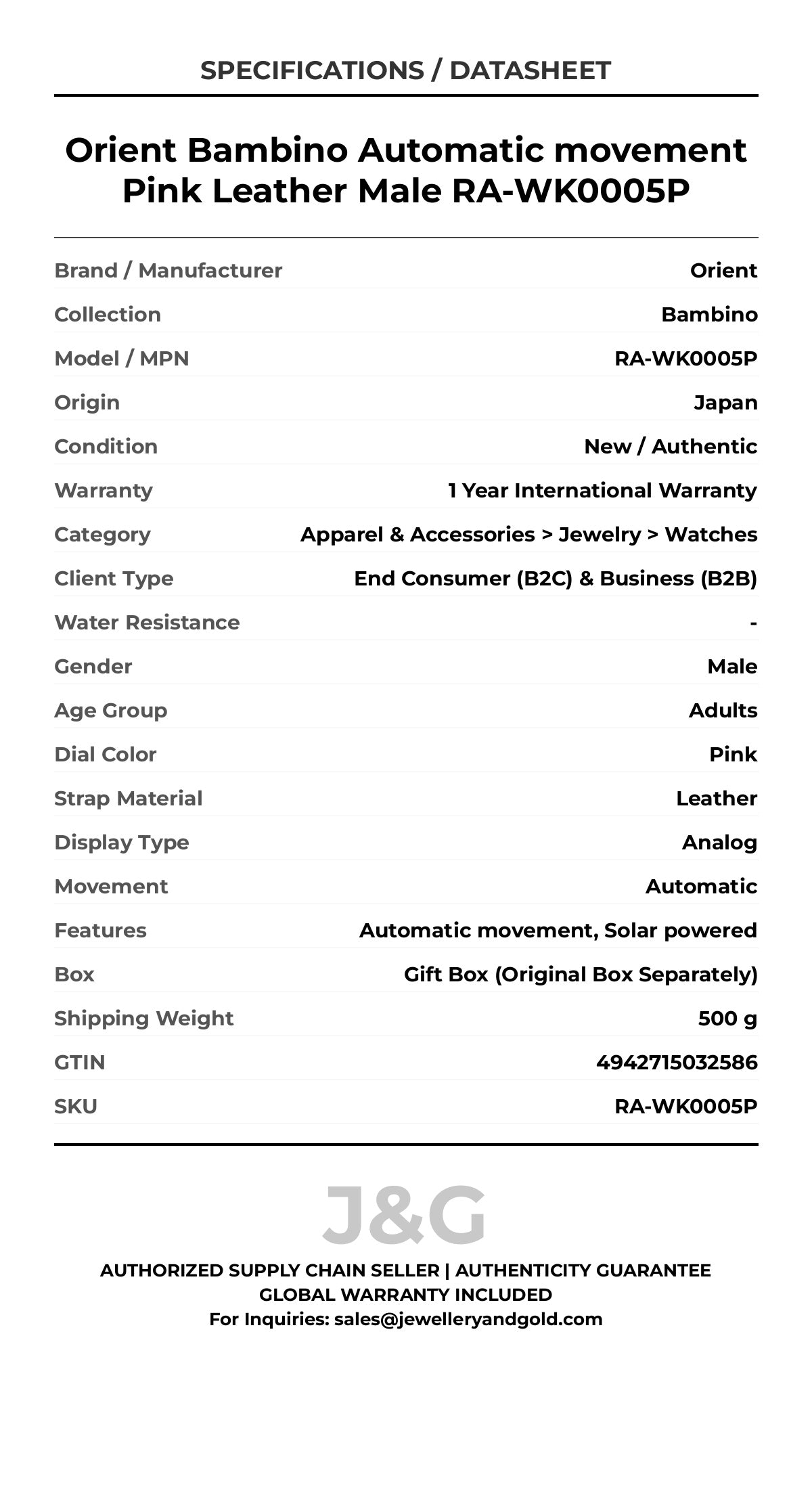 Orient Bambino Automatic movement Pink Leather Male RA-WK0005P - Specifications