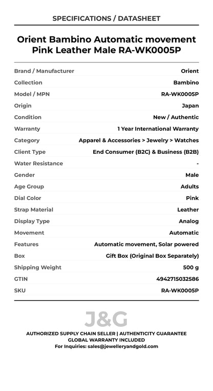 Orient Bambino Automatic movement Pink Leather Male RA-WK0005P - Specifications