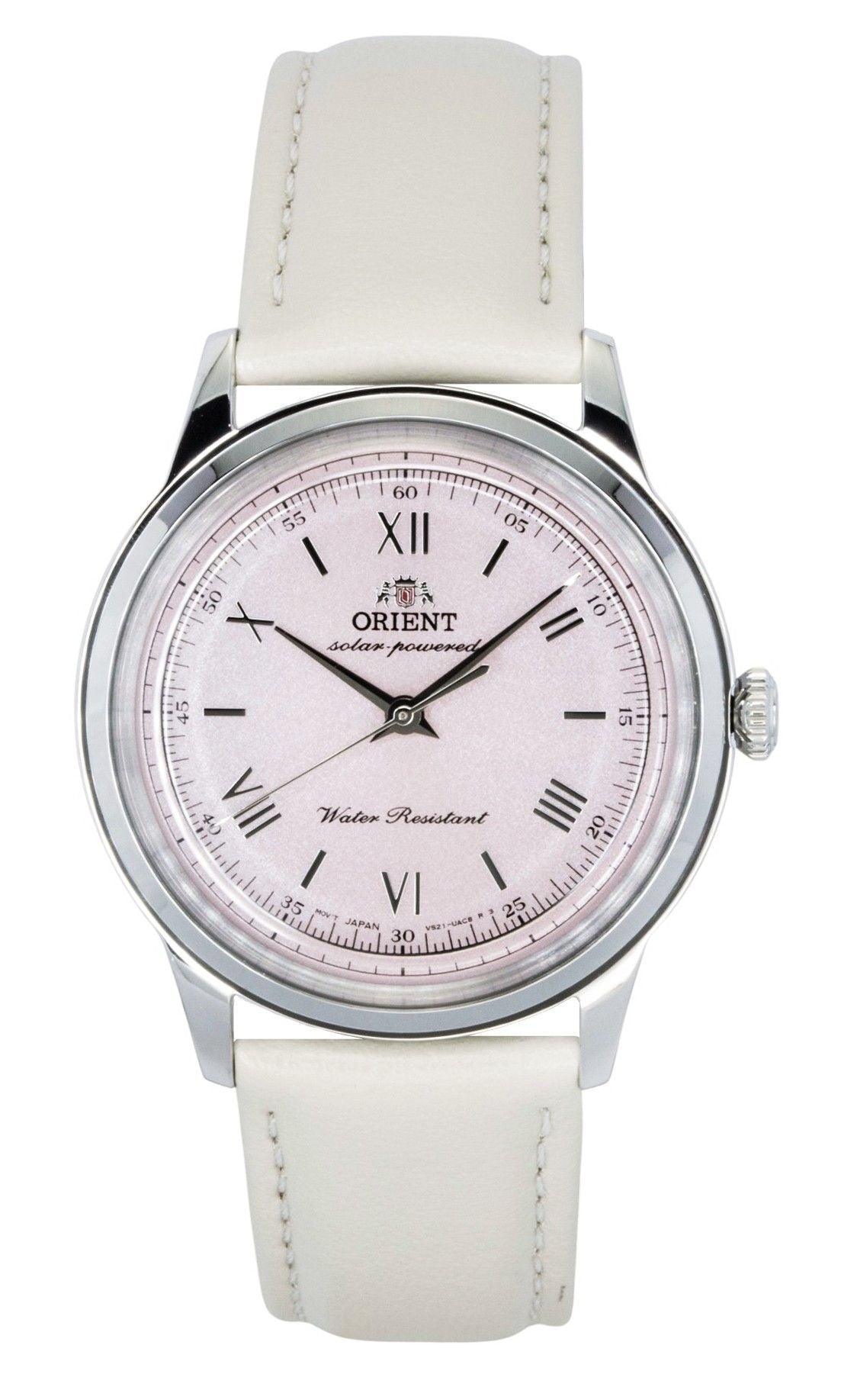 Orient Bambino Automatic movement Pink Leather Male RA-WK0005P. A brand-new Orient Bambino watch featuring a Pink dial and a Leather strap. Front view.