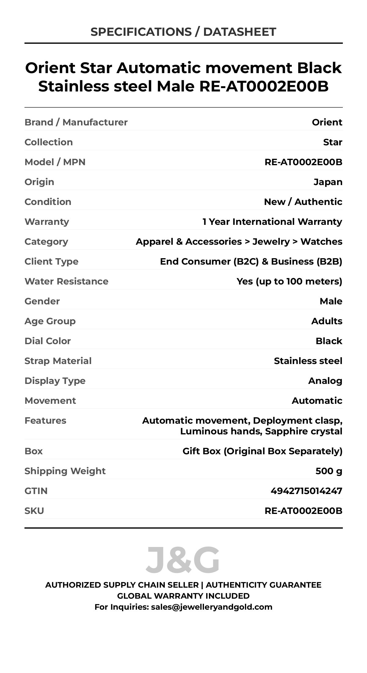 Orient Star Automatic movement Black Stainless steel Male RE-AT0002E00B - Specifications