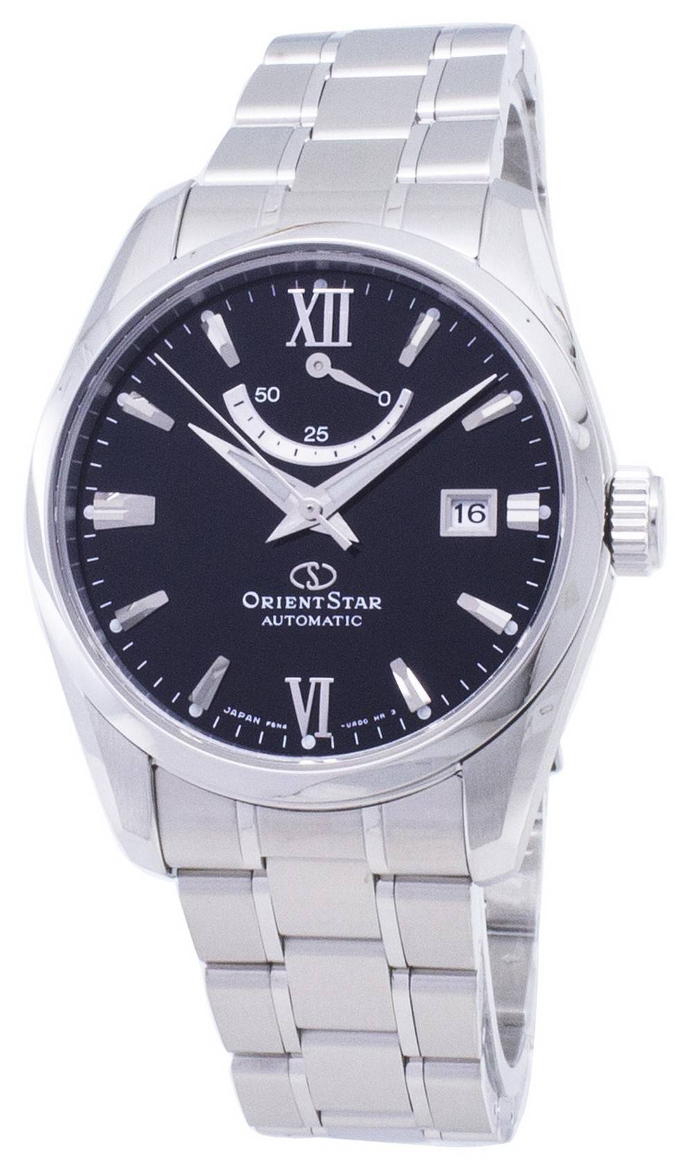Orient Star Automatic movement Black Stainless steel Male RE-AU0004B00B. A brand-new Orient Star watch featuring a Black dial and a Stainless steel strap. Angled view.
