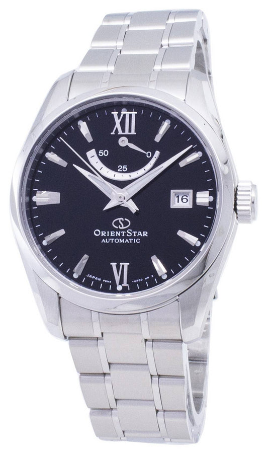 Orient Star Automatic movement Black Stainless steel Male RE-AU0004B00B. A brand-new Orient Star watch featuring a Black dial and a Stainless steel strap. Angled view.