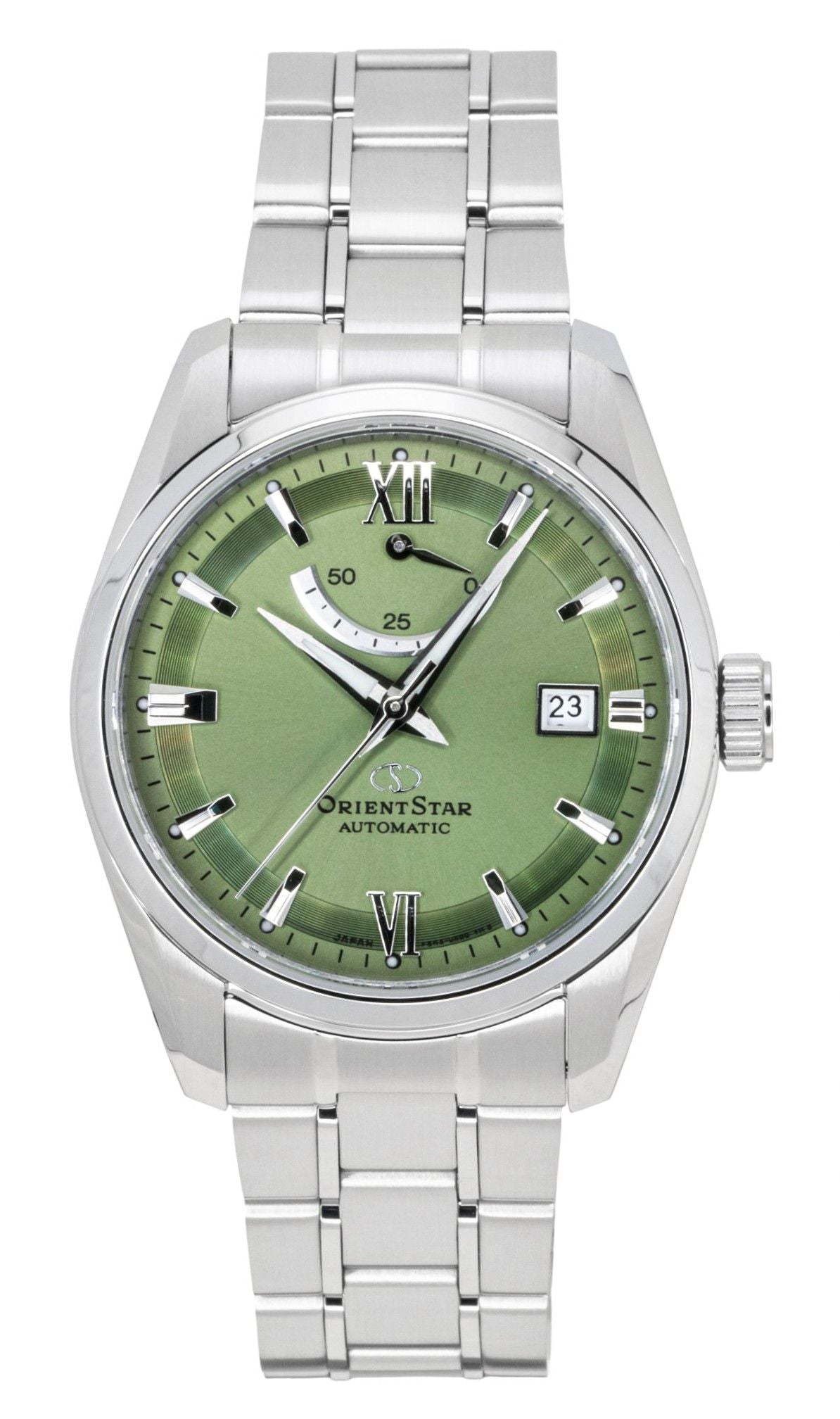 Orient Star Contemporary Automatic movement Green Stainless steel Male RE-AU0107E. A brand-new Orient Star watch featuring a Green dial and a Stainless steel strap. Angled view.