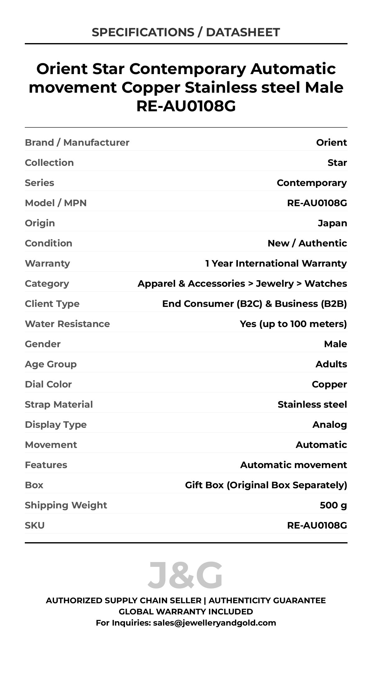 Orient Star Contemporary Automatic movement Copper Stainless steel Male RE-AU0108G - Specifications