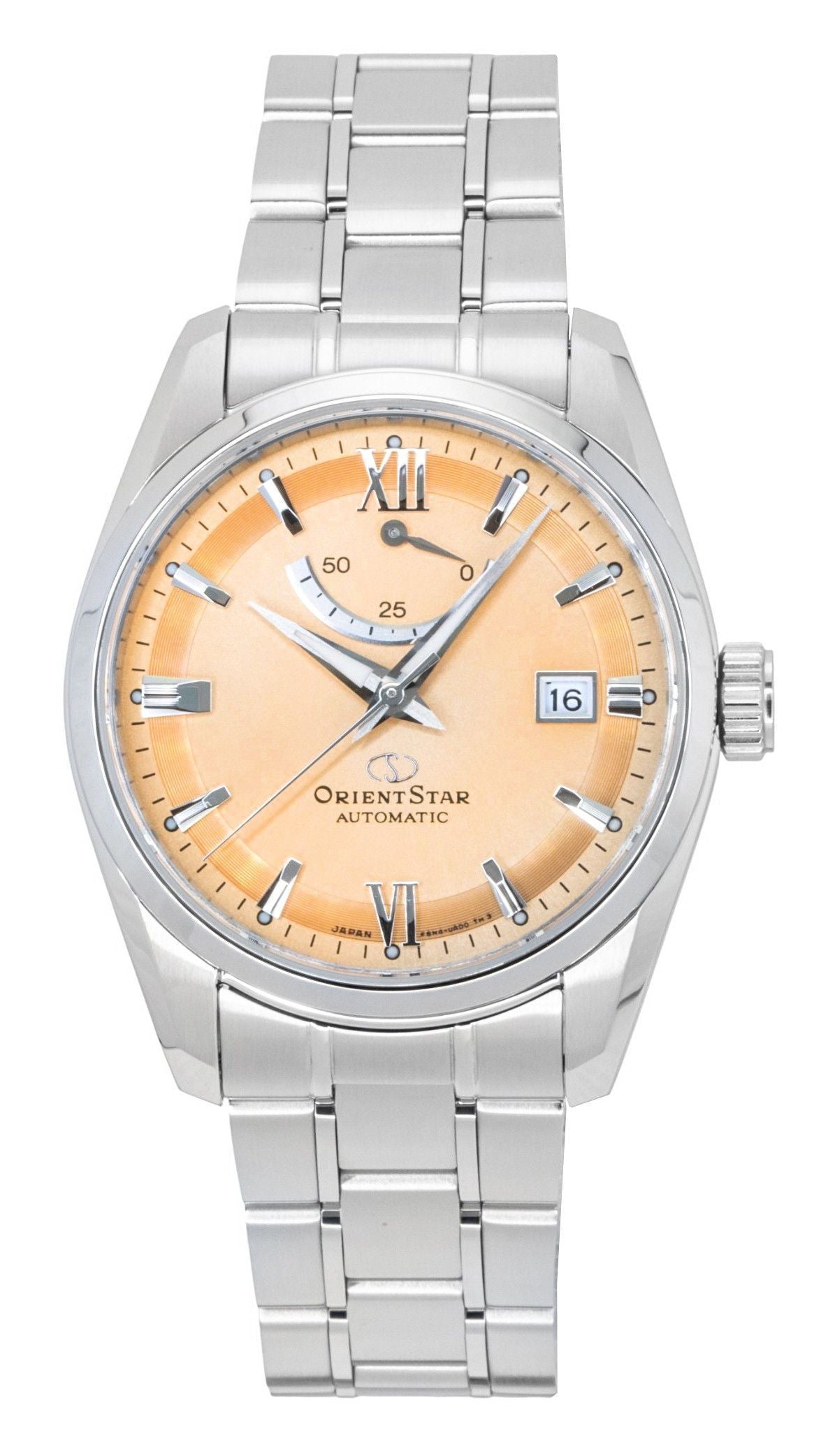 Orient Star Contemporary Automatic movement Copper Stainless steel Male RE-AU0108G. A brand-new Orient Star watch featuring a Copper dial and a Stainless steel strap. Front view.