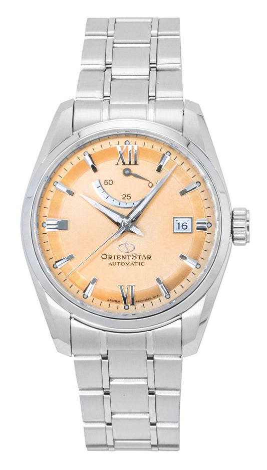 Orient Star Contemporary Automatic movement Copper Stainless steel Male RE-AU0108G. A brand-new Orient Star watch featuring a Copper dial and a Stainless steel strap. Front view.