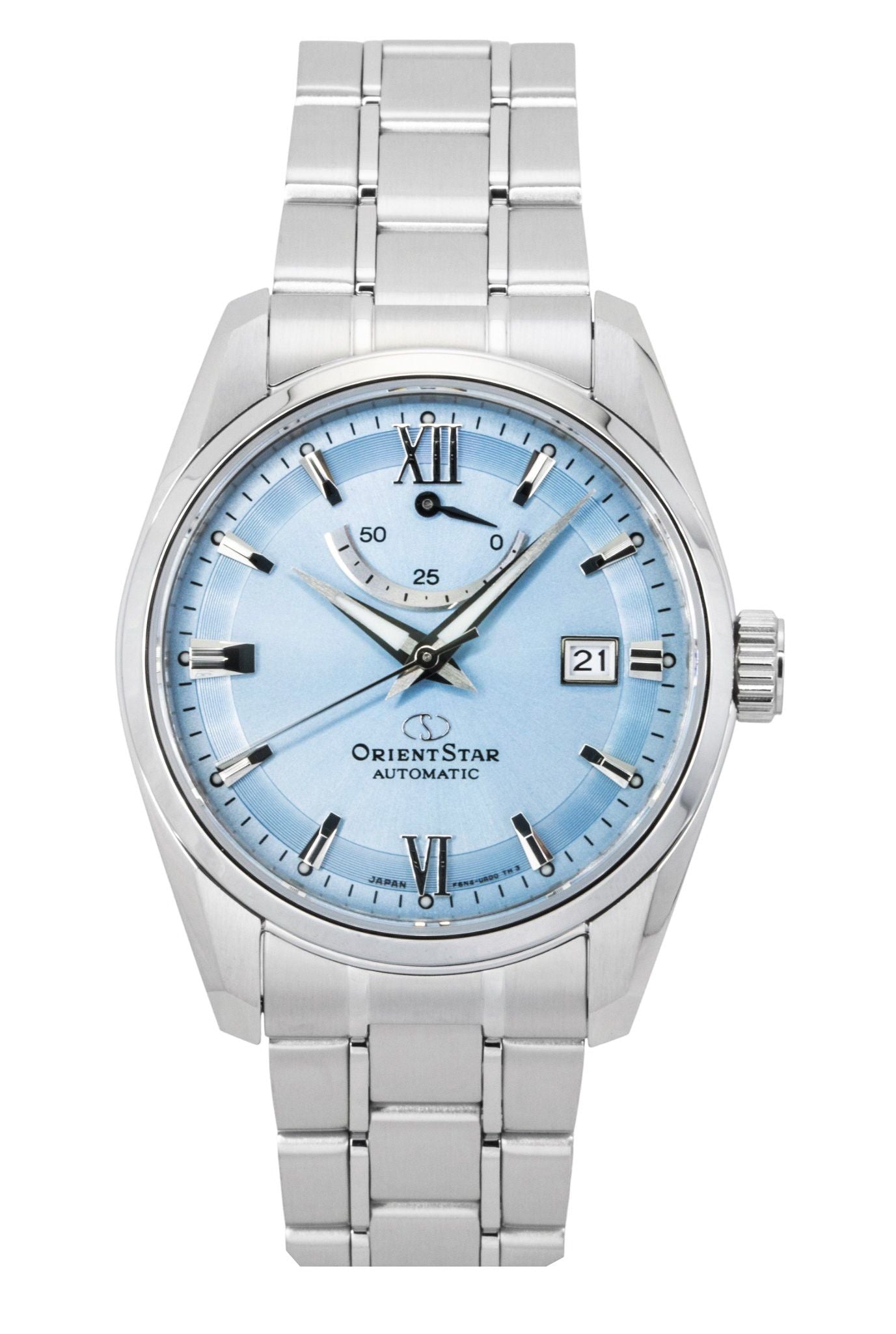 Orient Star Contemporary Automatic movement Blue Stainless steel Male RE-AU0109L. A brand-new Orient Star watch featuring a Blue dial and a Stainless steel strap. Angled view.