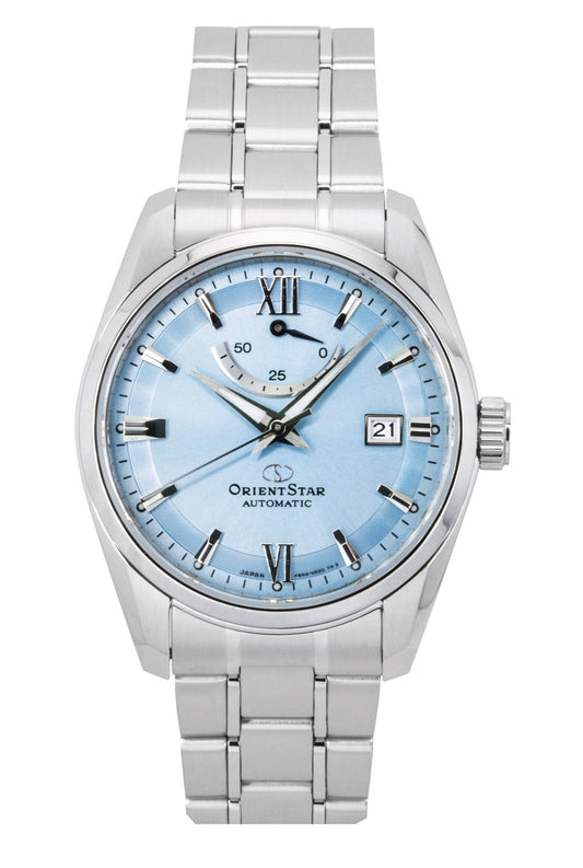 Orient Star Contemporary Automatic movement Blue Stainless steel Male RE-AU0109L. A brand-new Orient Star watch featuring a Blue dial and a Stainless steel strap. Angled view.