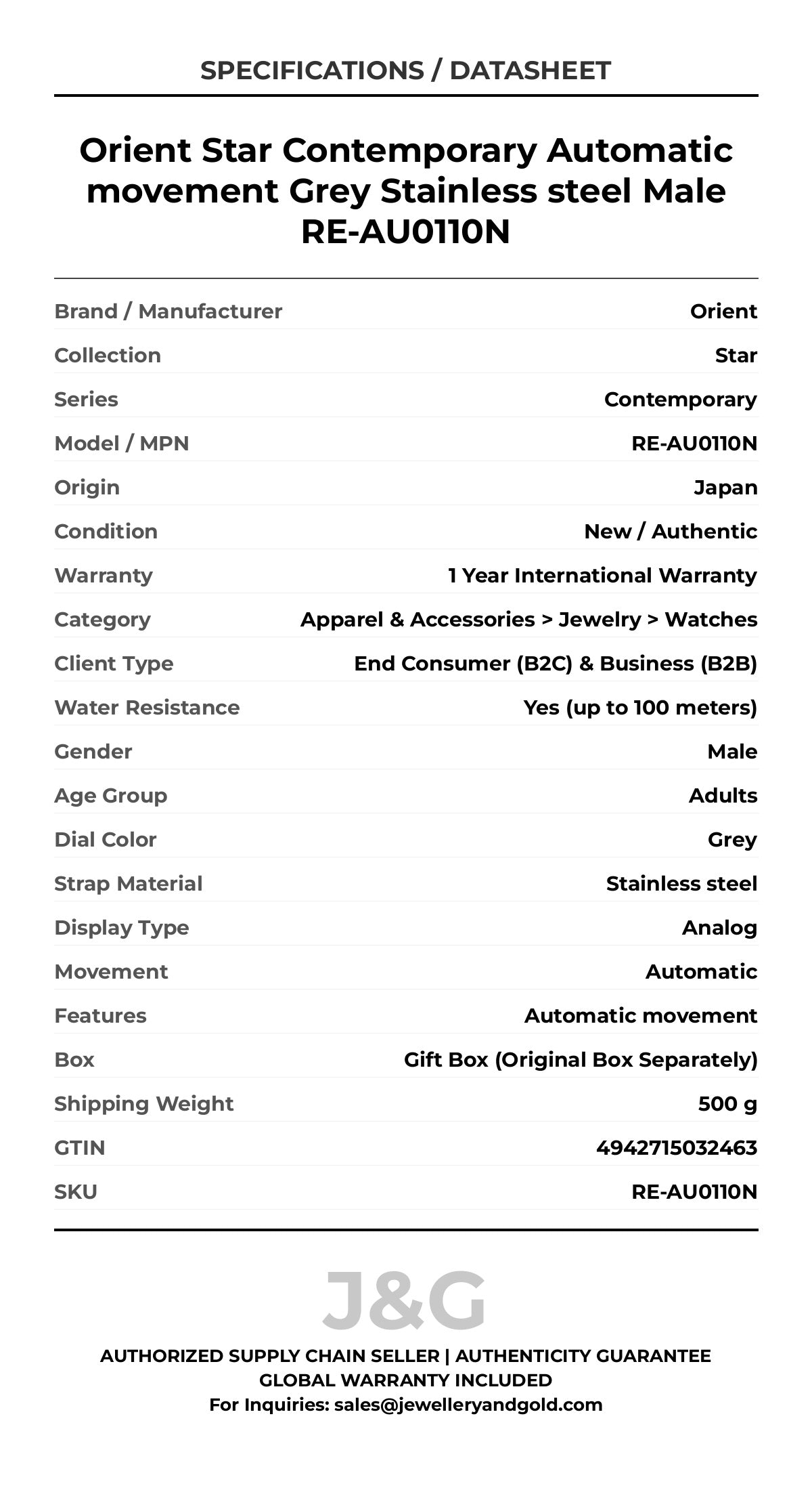 Orient Star Contemporary Automatic movement Grey Stainless steel Male RE-AU0110N - Specifications