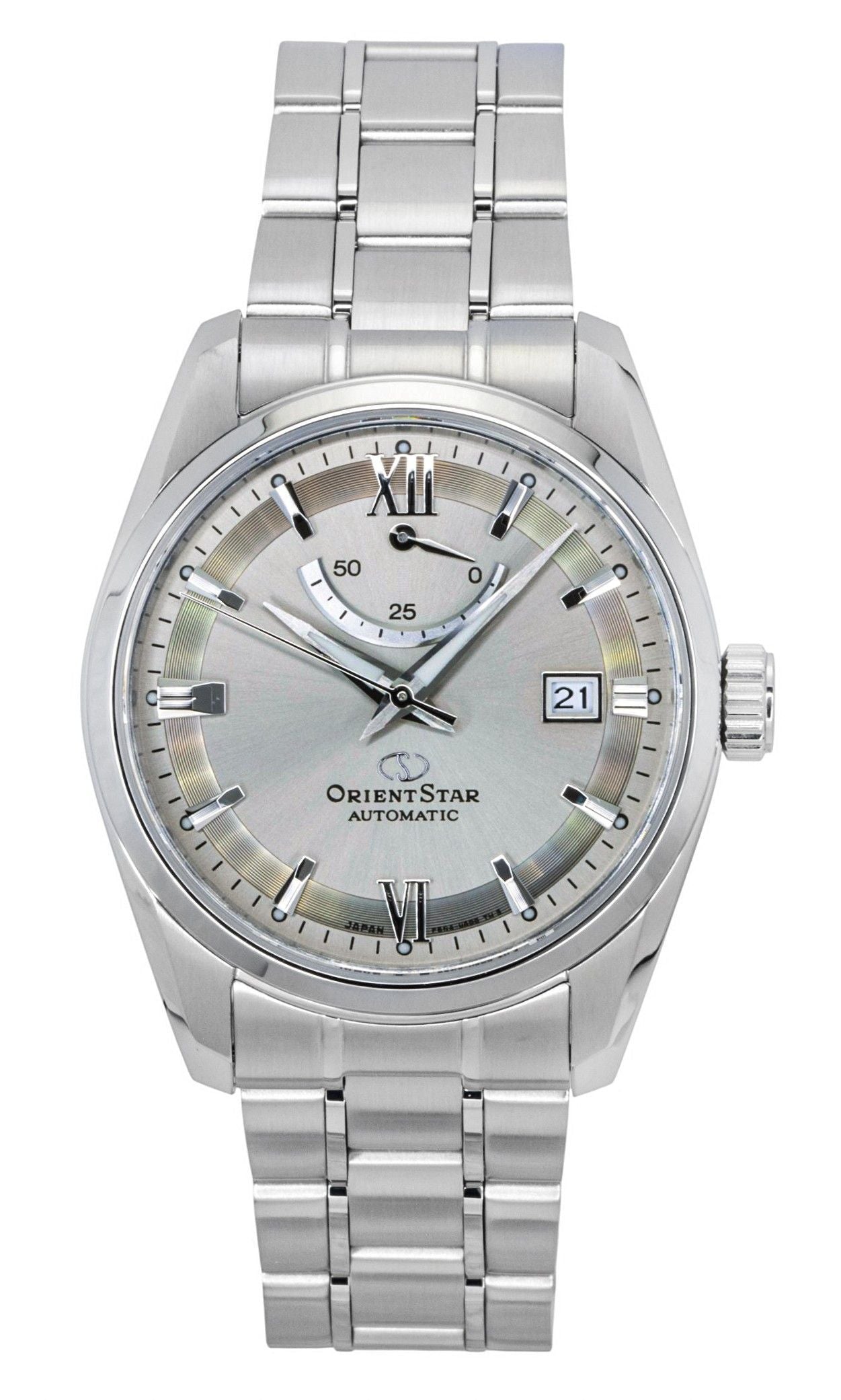 Orient Star Contemporary Automatic movement Grey Stainless steel Male RE-AU0110N. A brand-new Orient Star watch featuring a Grey dial and a Stainless steel strap. Angled view.