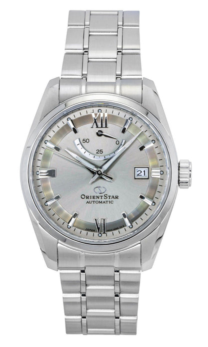 Orient Star Contemporary Automatic movement Grey Stainless steel Male RE-AU0110N. A brand-new Orient Star watch featuring a Grey dial and a Stainless steel strap. Angled view.