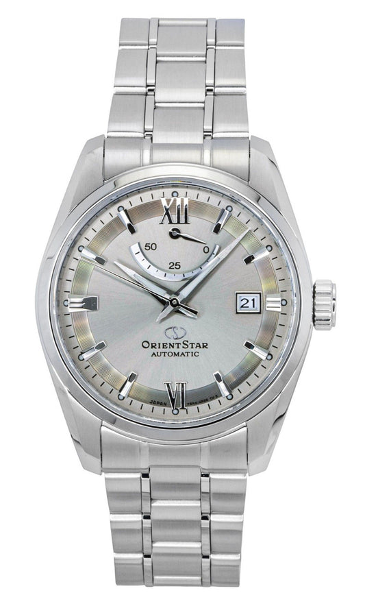 Orient Star Contemporary Automatic movement Grey Stainless steel Male RE-AU0110N. A brand-new Orient Star watch featuring a Grey dial and a Stainless steel strap. Angled view.