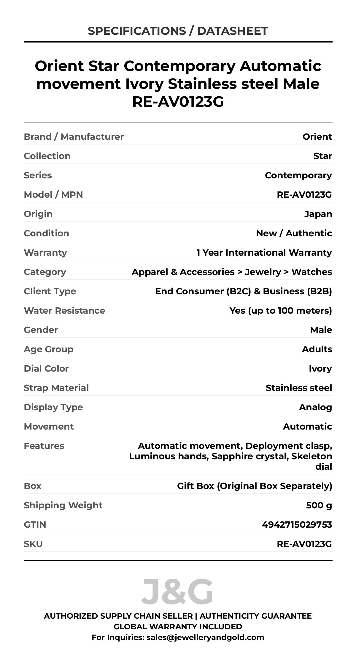 Orient Star Contemporary Automatic movement Ivory Stainless steel Male RE-AV0123G - Specifications
