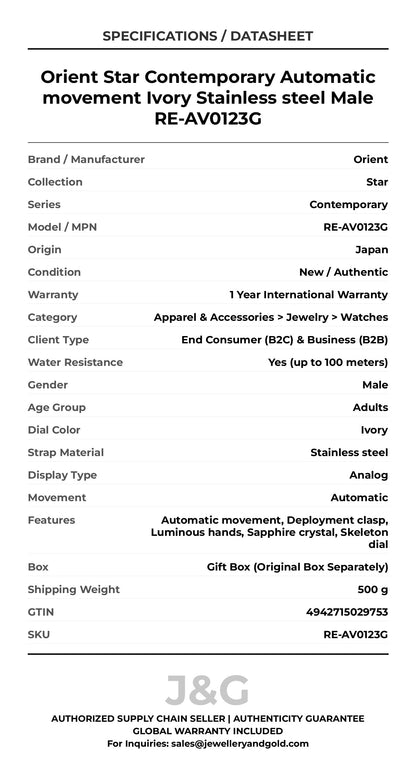 Orient Star Contemporary Automatic movement Ivory Stainless steel Male RE-AV0123G - Specifications