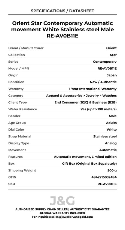 Orient Star Contemporary Automatic movement White Stainless steel Male RE-AV0B11E - Specifications