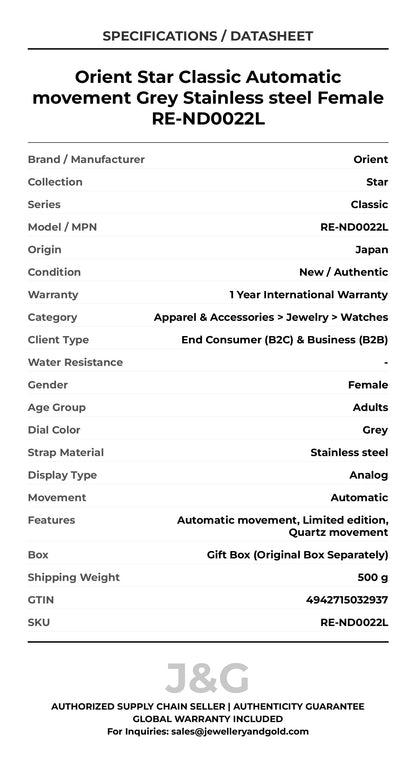 Orient Star Classic Automatic movement Grey Stainless steel Female RE-ND0022L - Specifications