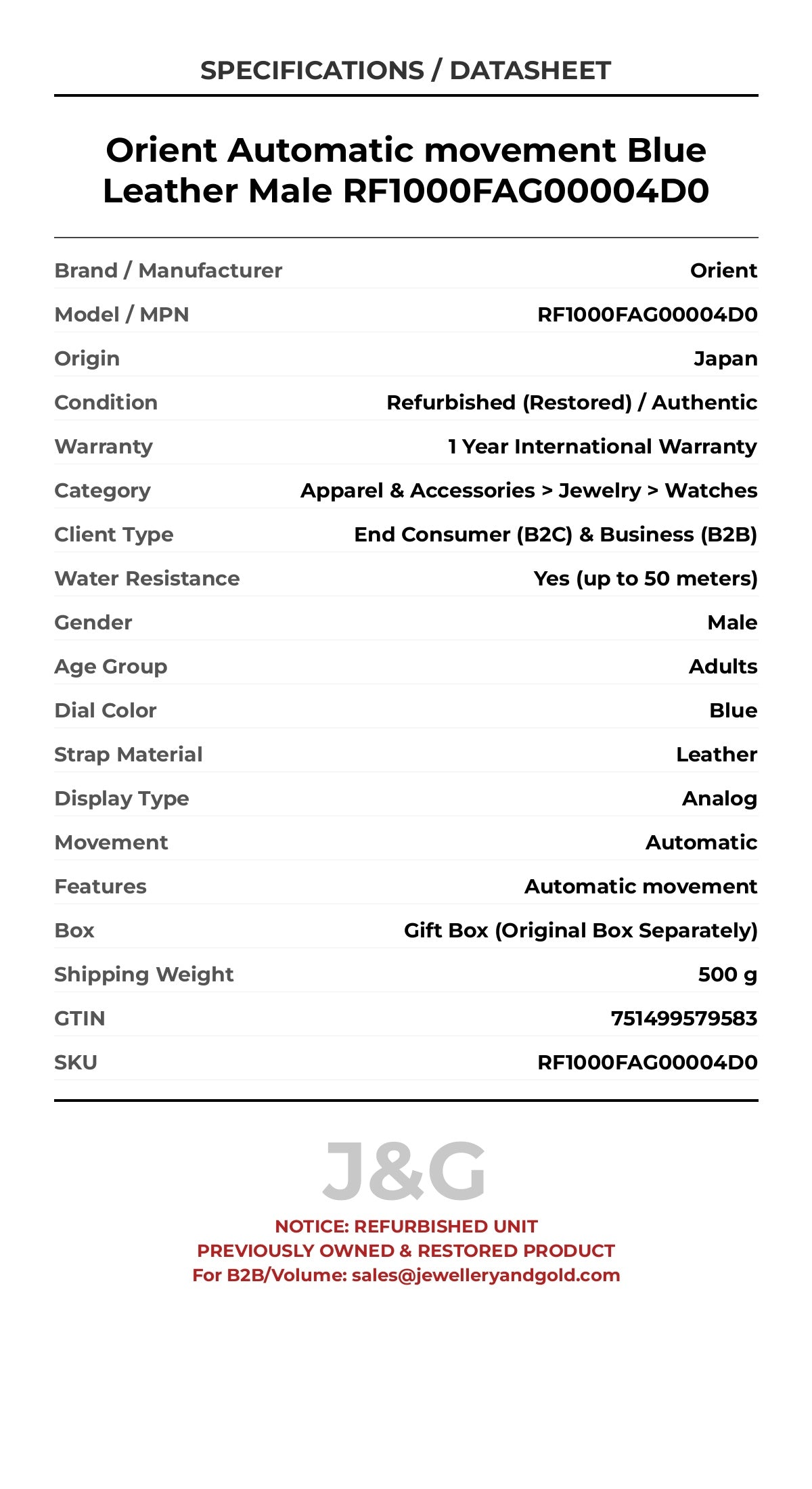 Orient Automatic movement Blue Leather Male RF1000FAG00004D0 - Specifications