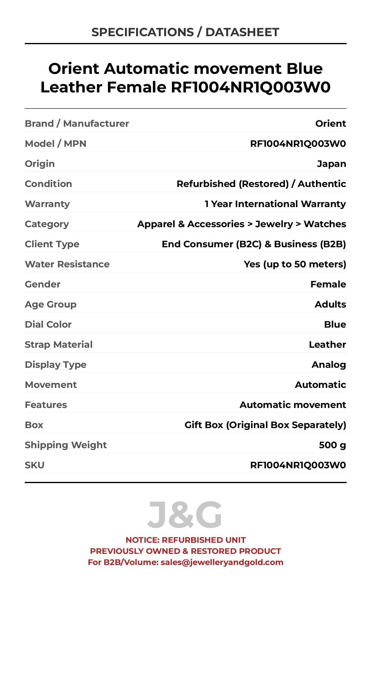 Orient Automatic movement Blue Leather Female RF1004NR1Q003W0 - Specifications