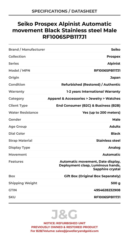 Seiko Prospex Alpinist Automatic movement Black Stainless steel Male RF1006SPB117J1 - Specifications