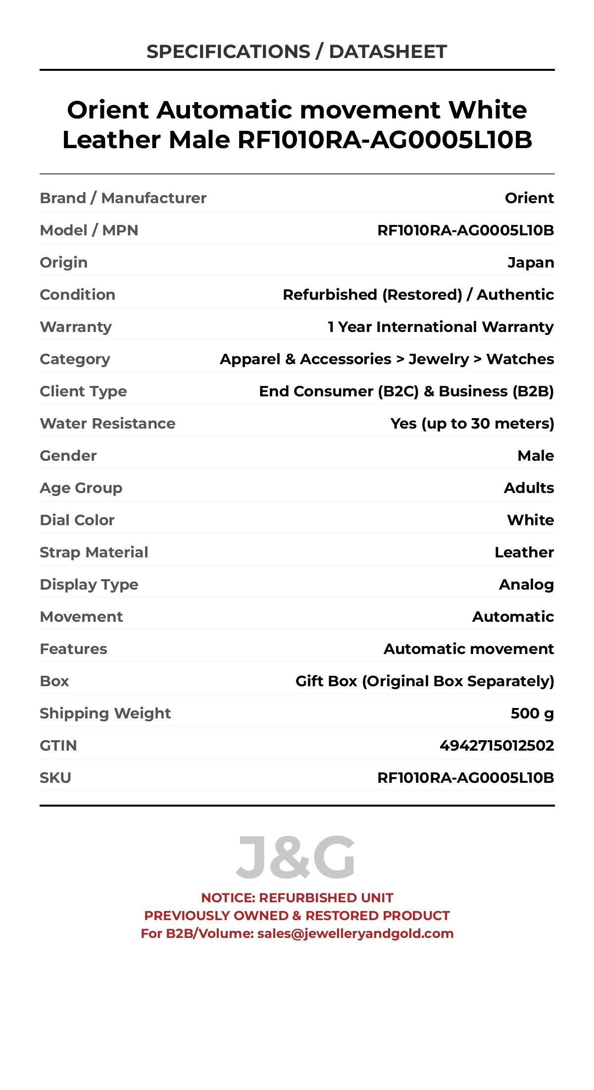 Orient Automatic movement White Leather Male RF1010RA-AG0005L10B - Specifications