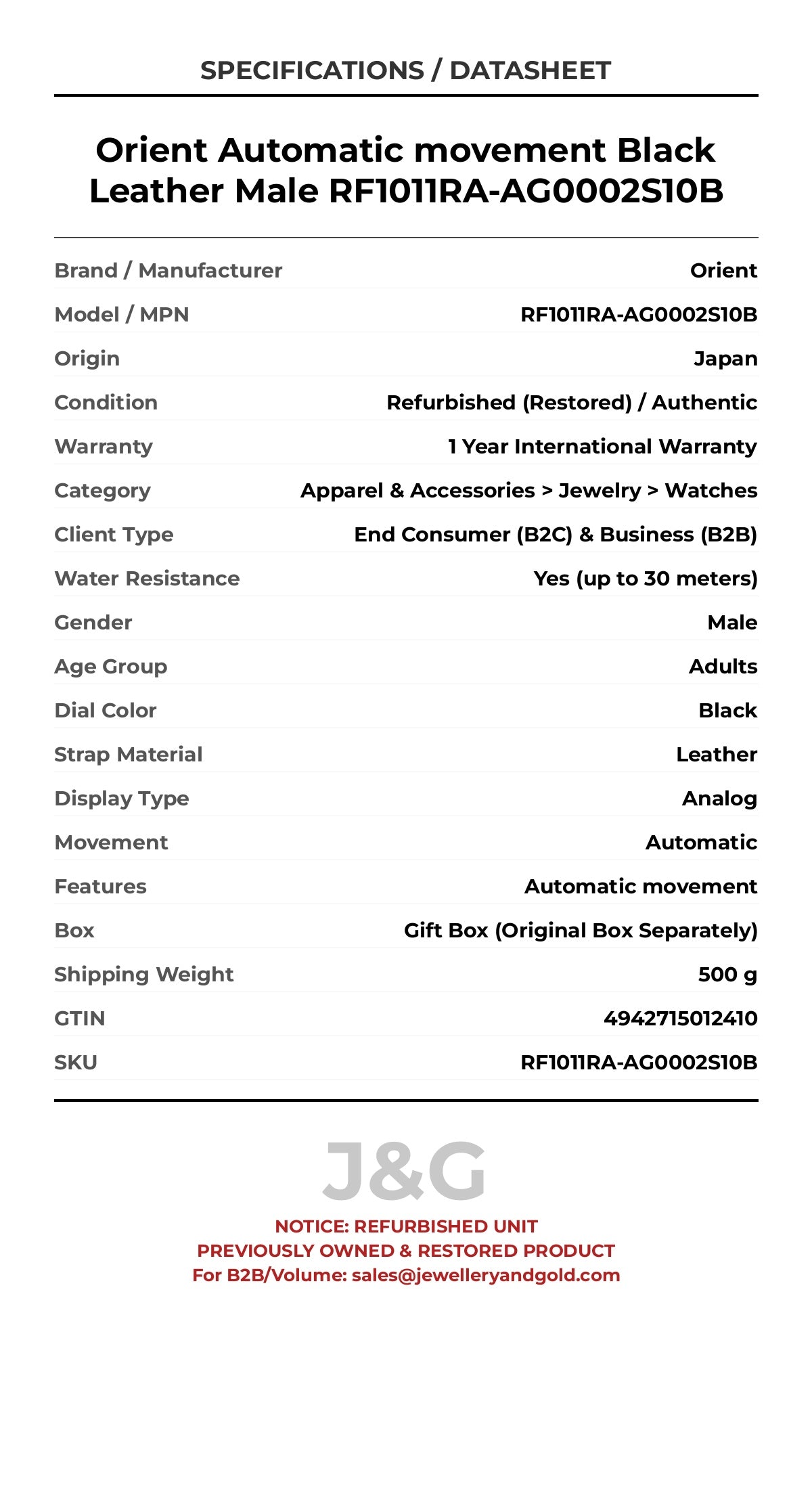 Orient Automatic movement Black Leather Male RF1011RA-AG0002S10B - Specifications