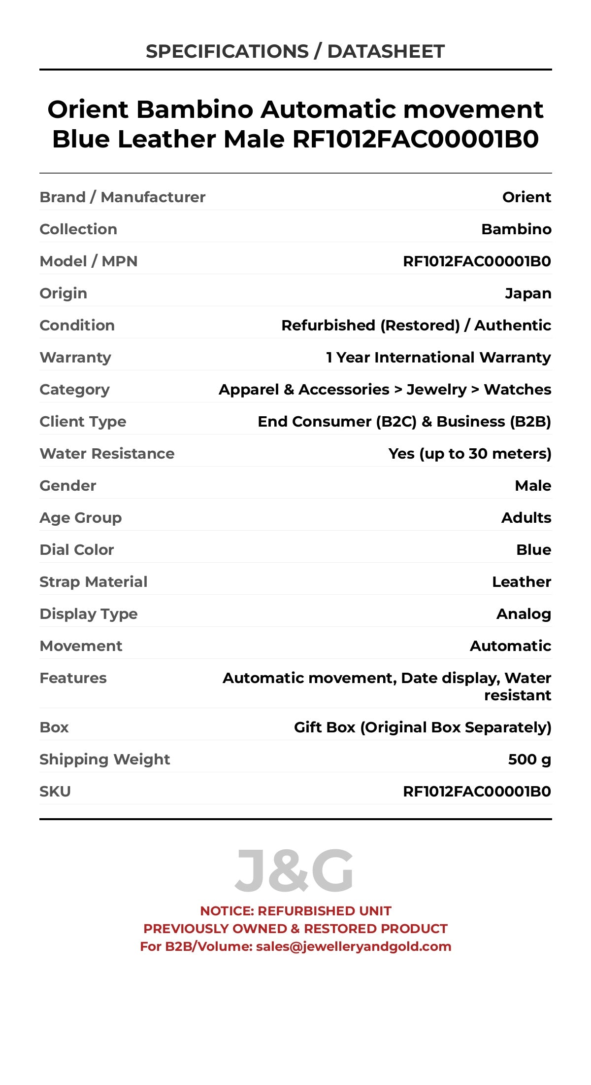 Orient Bambino Automatic movement Blue Leather Male RF1012FAC00001B0 - Specifications