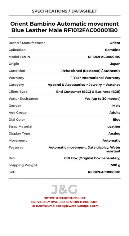 Orient Bambino Automatic movement Blue Leather Male RF1012FAC00001B0 - Specifications