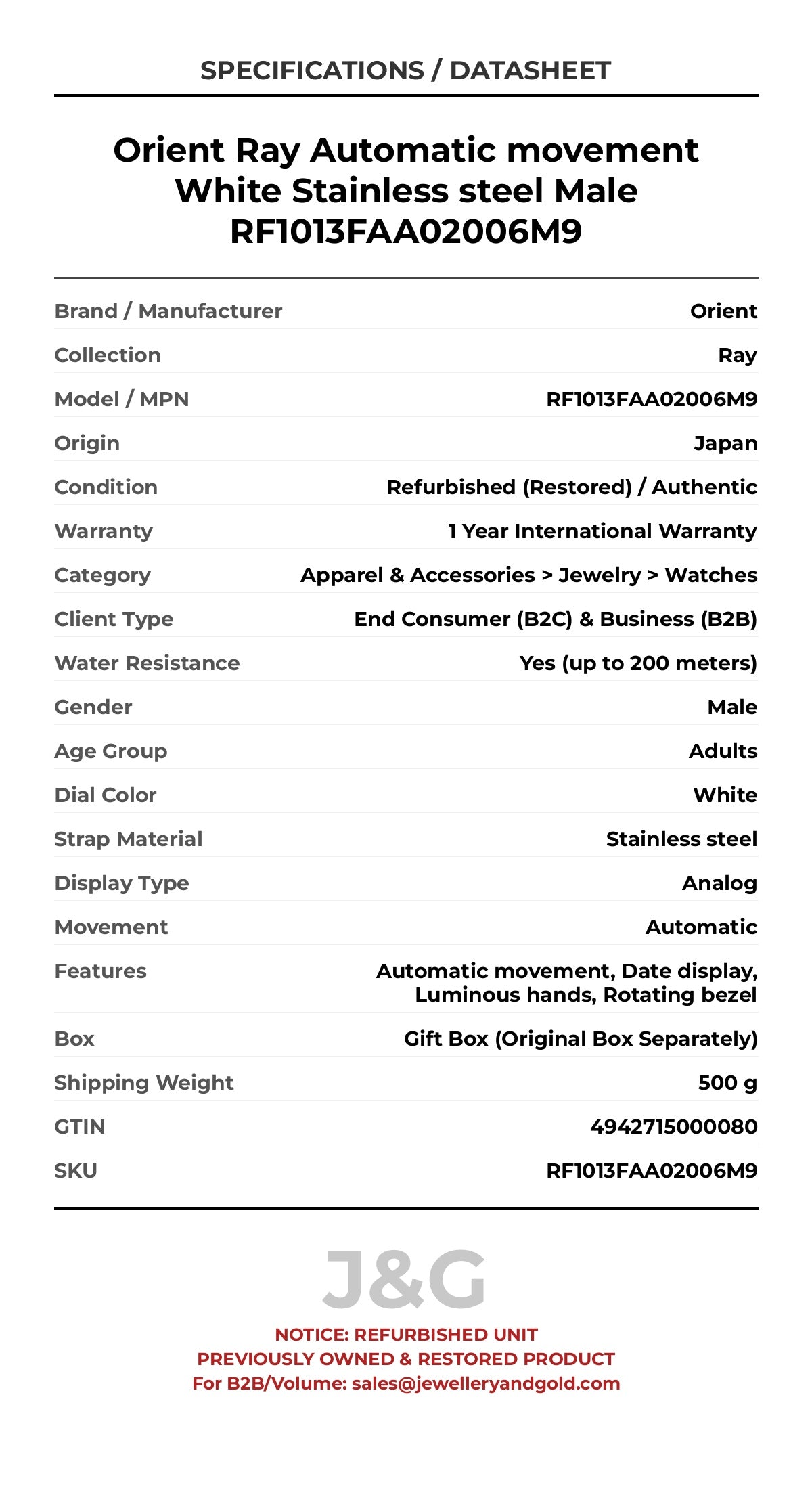 Orient Ray Automatic movement White Stainless steel Male RF1013FAA02006M9 - Specifications
