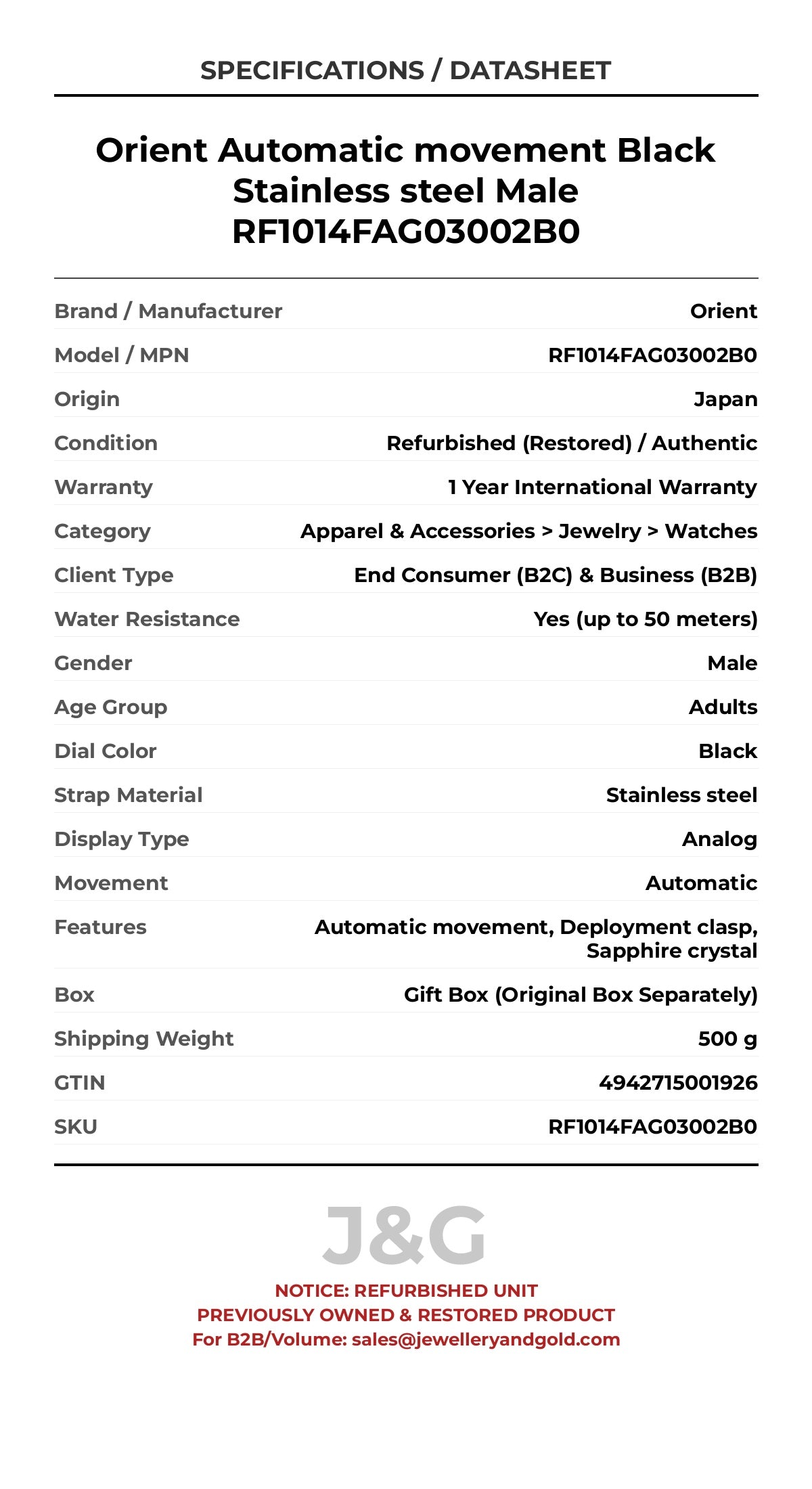 Orient Automatic movement Black Stainless steel Male RF1014FAG03002B0 - Specifications